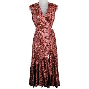 Rebecca Taylor Leo Pink Leopard Ruffle Trim Tie Waist Wrap Dress Midi Tea Length